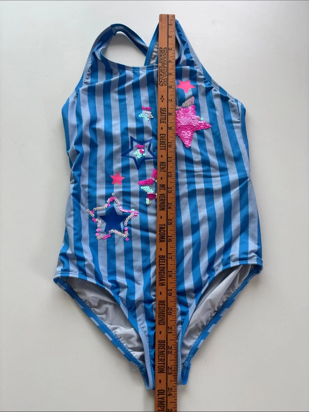 Lands' End Blue Striped One-Piece Swimsuit with Pink Sequin Stars -709sku